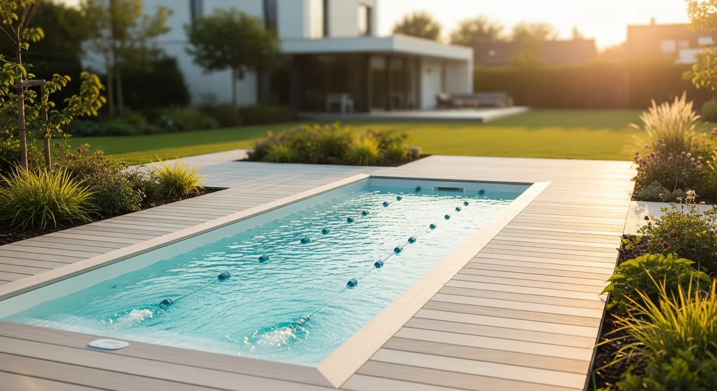 Spa de nage extérieur avec nage à contre-courant dans un jardin au coucher de soleil